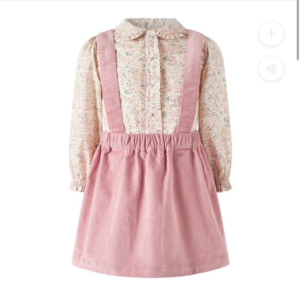 Rachel Riley Pink Floral Kids Dress with Suspenders blouse & cord pinafore set